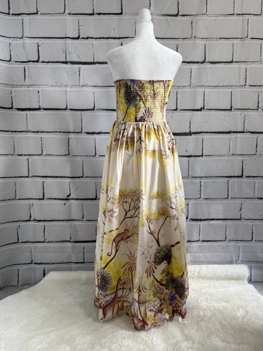 NWT Caroline Constas Safari Jungle Print Strapless Cotton Maxi Dress Smocked M - Picture 4 of 15